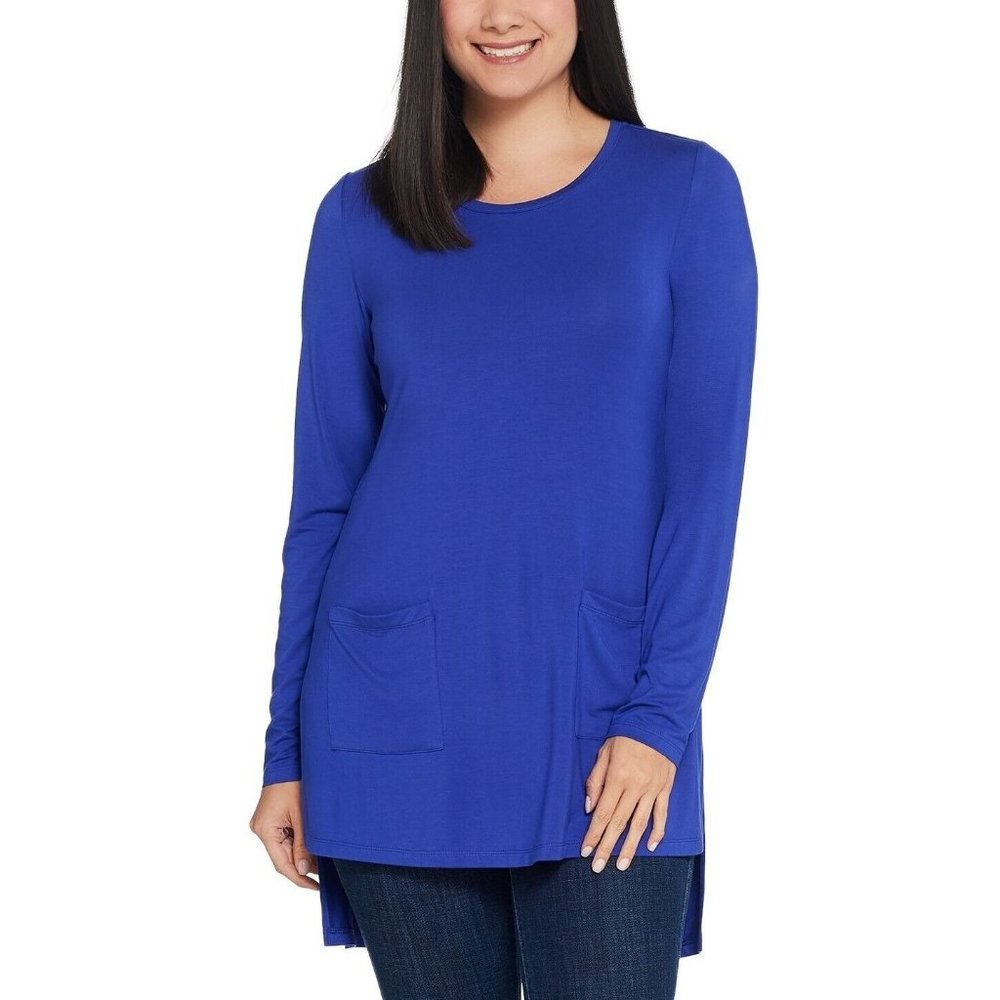LOGO Lori Goldstein Rayon 230 Knit Top Size XS Hi Low Hem Front Pockets A343831